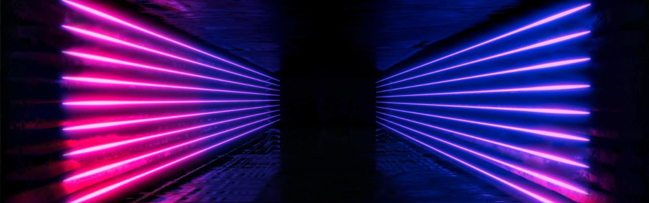 3d render. Geometric figure in neon light against a dark tunnel. Laser line glow