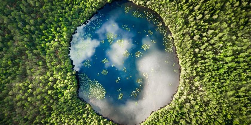 An almost perfect circular lake shot straight down from the air resembles the earth surrounded by a pine forest